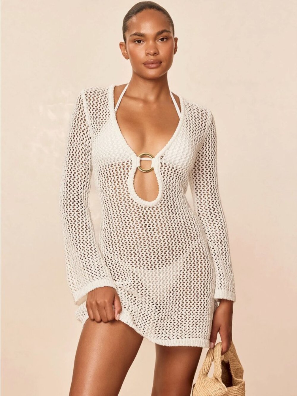 NEW MONDAY SWIMWEAR Montego Mini Dress Optic White Petit Crochet Cover-up - Picture 2 of 15